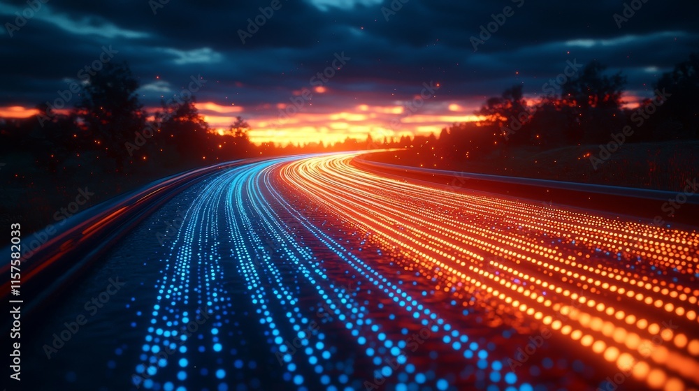 Fototapete digital data streams along the road, symbolizing cyber global communication and coding, with a graph