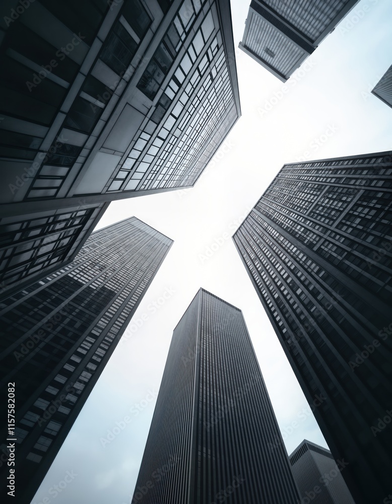 Poster urban view looking up at towering skyscrapers in city. modern architecture rises high. impressive bu
