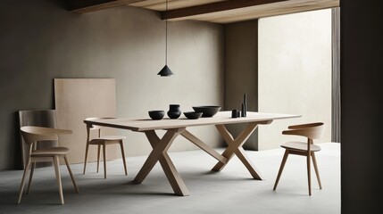 Modern Minimalist Dining Room with Elegant Wooden Table and Chairs