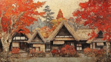 Traditional Japanese Village Surrounded by Vibrant Autumn Foliage