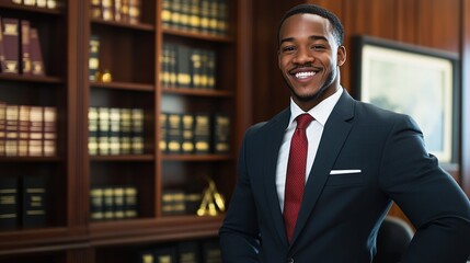 A confident male lawyer in a formal suit, standing in a sophisticated office filled with legal books