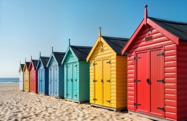 Colorful beach huts line sandy beach. Vivid colors of huts. Sunny day on beach. Calm sea. Vacation...