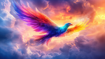 Fototapeta premium A stunning depiction of a phoenix soaring through colorful clouds, embodying themes of rebirth and transformation. The vibrant feathers create a captivating visual experience.