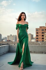 Attractive brunette woman poses on rooftop catwalk in emerald green dress. Urban city backdrop. Fashion show. Stylish model luxury design. Elegance, beauty. Trendy look. Modern fashion. Stylish