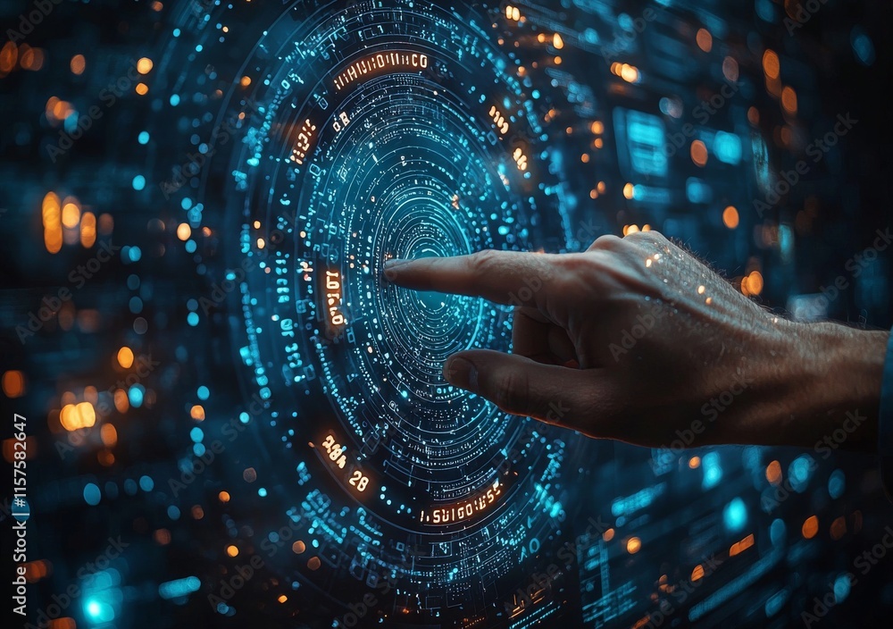 Aufkleber in an abstract technology background, a hand interacts with a complex circular diagram on a virtual 