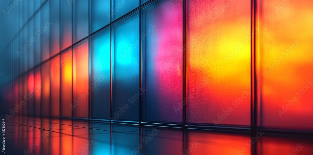 Poster a building that has many windows, and a single window with a yellow light shining through it.