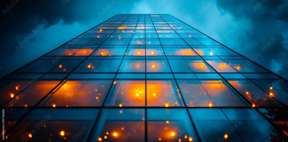 Poster a structure featuring numerous windows, with a yellow light emanating from one of them.