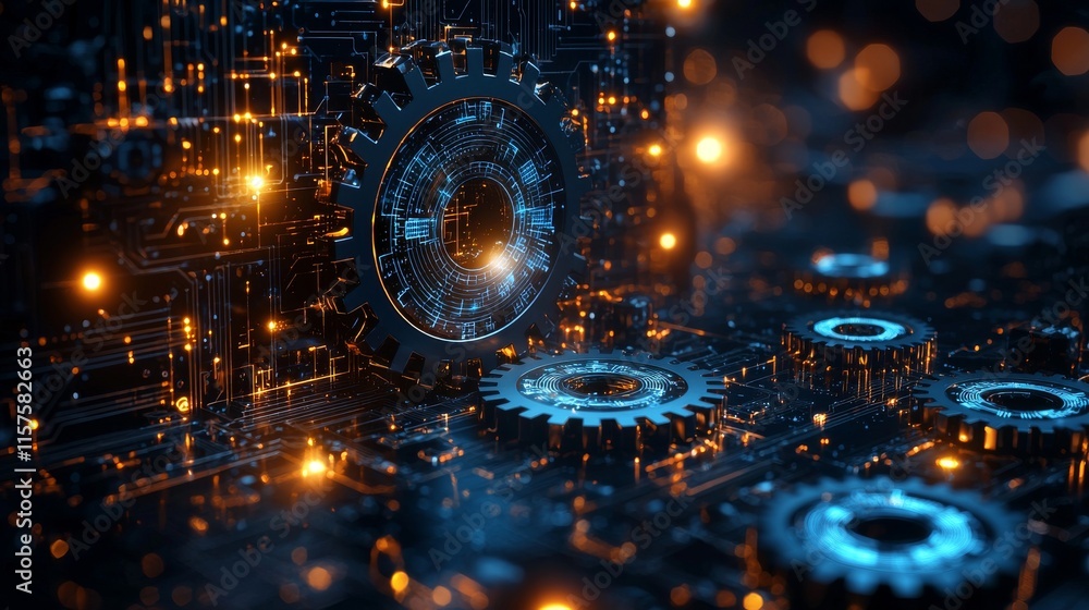 Poster cog and gear mechanisms. the field of digital technology and engineering. a conceptual technical bac