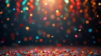 Confetes e serpentinas de carnaval caindo, fundo escuro com luzes.