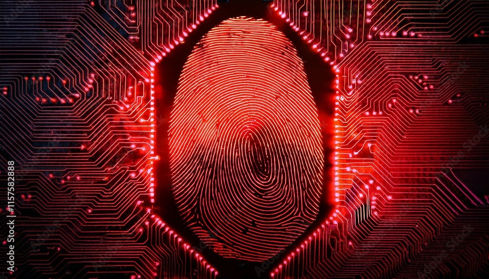 Poster glowing circuit board with red fingerprint pattern and neon lights
