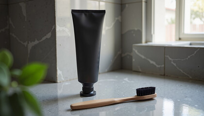 Sleek black toothpaste tube beside a bamboo toothbrush on a modern bathroom countertop