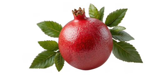 A close up photo of a pomegranate including its leaves against a white background
