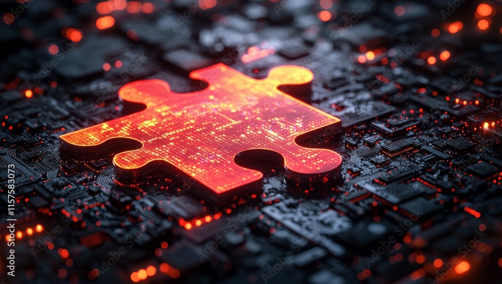 Poster a technology-rich, abstract background with connected puzzle pieces, illustrating the cohesive integ