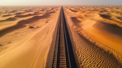 Endless railway track cutting through expansive desert dunes landscape