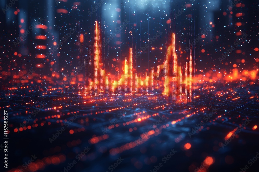 Poster a futuristic image with a dark theme, featuring glowing line graphs and charts for financial data an