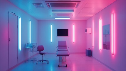 Futuristic medical examination room illuminated with blue and pink neon lights