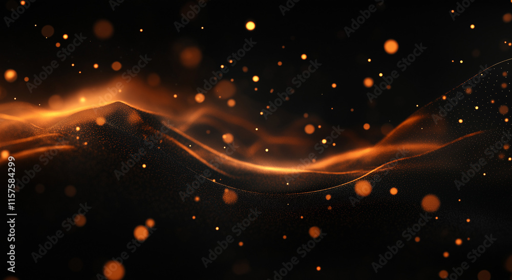 Poster 3d rendering of an abstract black background with flowing waves of particles and dots, embodying a f