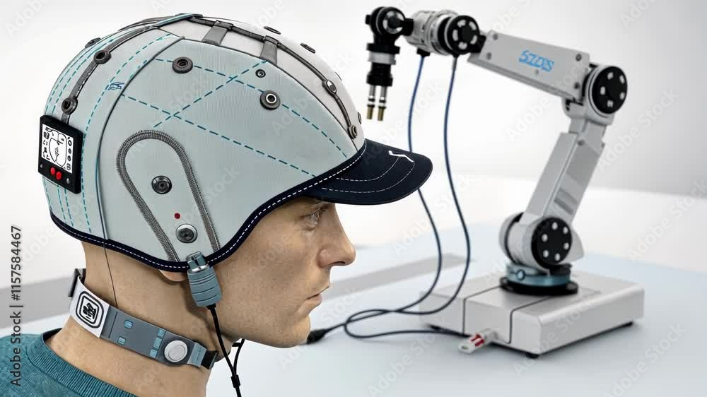 Poster research scientist wearing lightweight cap integrating electrodes, controlling robotic arm with brai