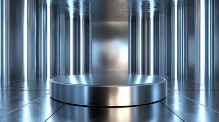 Highly reflective silver podium glowing with a cold metallic shine 