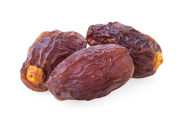 Three large dried dates isolated on white background