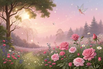 Magical landscape with flowers and glowing pink sky