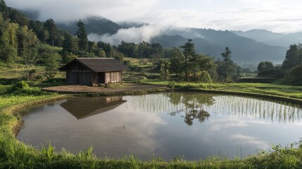 Obraz premium Tranquil Rural Scene with Reflection of House in Serene Pond