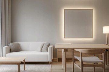 A minimalist living room featuring a light sofa, wooden furniture, and a blank framed artwork, illuminated softly for a serene atmosphere.