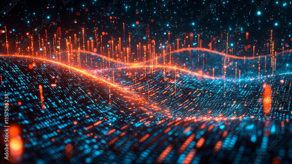 Poster an abstract cyber space scene with a futuristic digital grid composed of matrix particles, creating 