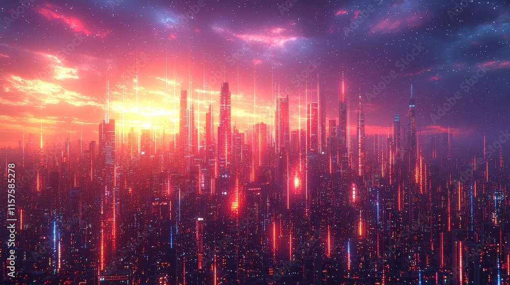 Poster a 3d holographic city rendering with a futuristic matrix, featuring a digital skyline made of binary