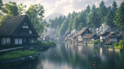 Fototapeta premium Tranquil Japanese Village by the River Surrounded by Lush Forest