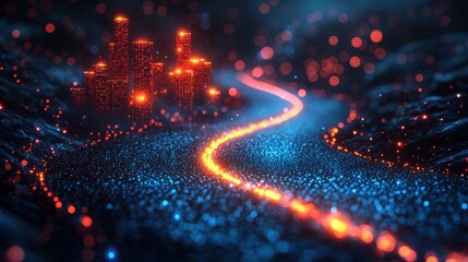 Obraz premium A virtual reality backdrop featuring an abstract cyber space environment with a futuristic grid of digital matrix particles.