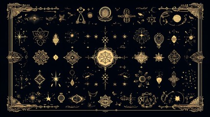 Golden Celestial and Floral Decorative Design Elements