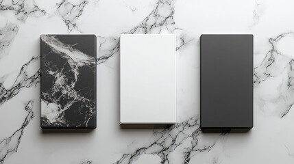 A polished design presentation with three different 3D business card mockups tastefully set on a white marble background 