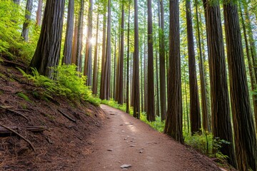 Fototapeta premium A serene forest path lined with towering trees, illuminated by soft sunlight filtering through the leaves, inviting exploration and connection with nature.