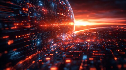 Futuristic digital globe sunset.