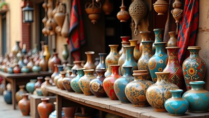 Fototapeta premium High detailed floral pattern pottery vases arranged on a shelf