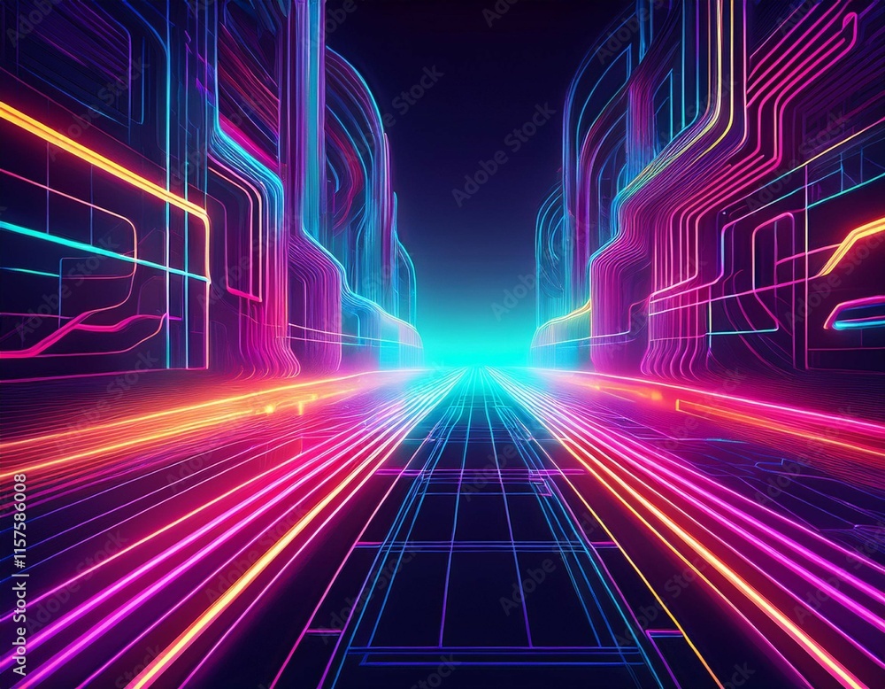 Poster abstract digital design with neon lines and grid patterns