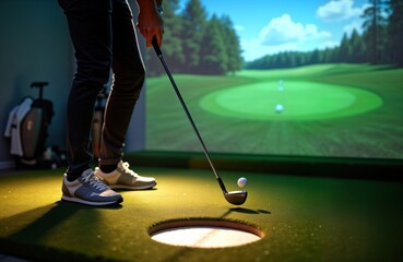 Person plays indoor golf simulation. Golfer aims putt towards digital hole. Person focuses on precise shot. Indoor sport facility with artificial green, modern tech setup. Leisure activity with tech