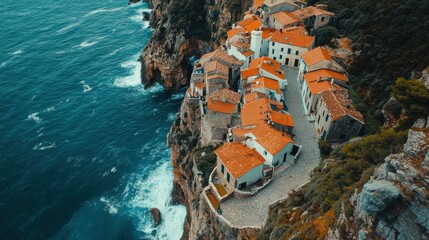 Coastal village with red roofs overlooking vast ocean waves on rocky cliffside