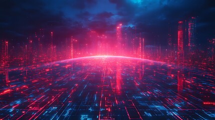 Futuristic cityscape at night with red and blue neon lights glowing on a spherical surface.