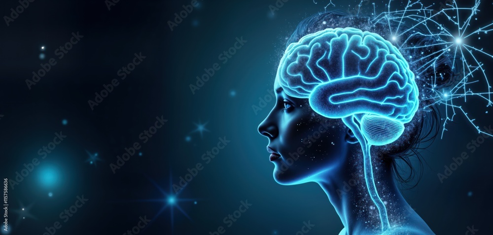 Fototapete Conceptual illustration of woman profile with highlighted brain. Abstract tech insight concept. Neural pathways connected to head. Visual metaphor for mind, digital tech connection. Futuristic