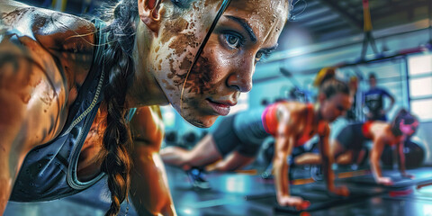 Obraz premium Mud-Splatters and Sweat: Woman Performing a Plank Exercise in a Fitness Class