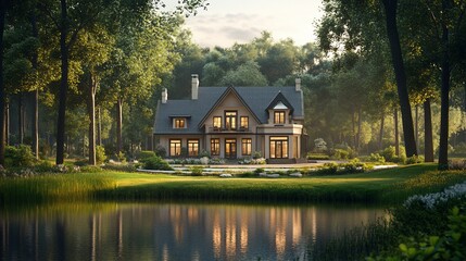 Obraz premium Luxurious house by lake in forest at sunset.
