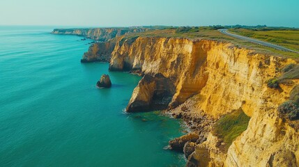 Fototapeta premium Majestic coastal cliffs and ocean waves under clear blue sky