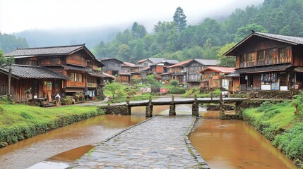 Obraz premium Serene Village Landscape with Traditional Houses and Calm River
