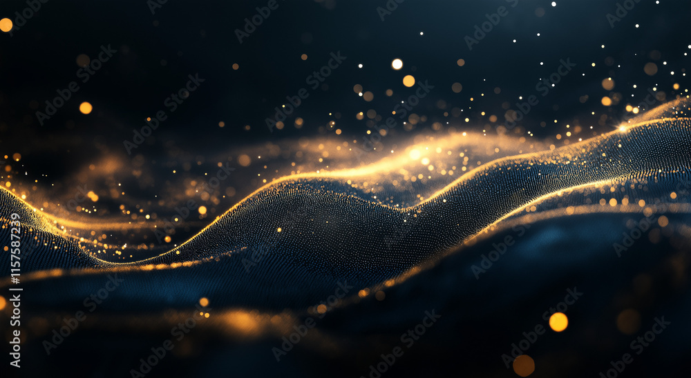 Poster 3d rendering of an abstract black background with flowing waves of particles and dots, embodying a f