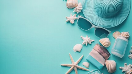 A pastel blue flat lay with sunscreen, sunglasses, a sunhat, shells, and starfish with copies are essentials for UV safety awareness month. 