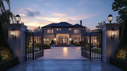 Luxurious mansion at dusk, grand entrance with open gates.