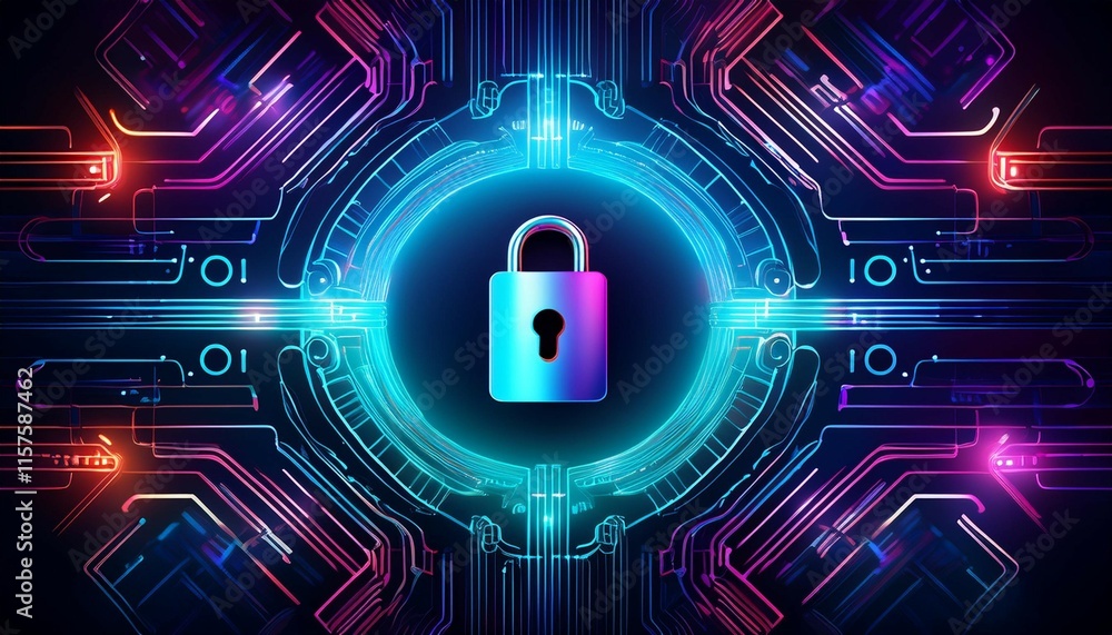 Aufkleber abstract digital background with secure lock symbols in neon colors