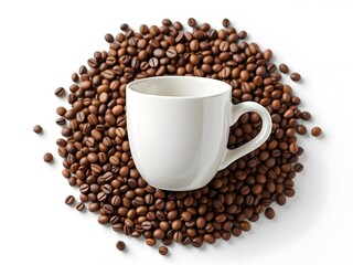 White Coffee Cup Surrounded by Roasted Coffee Beans on white background

